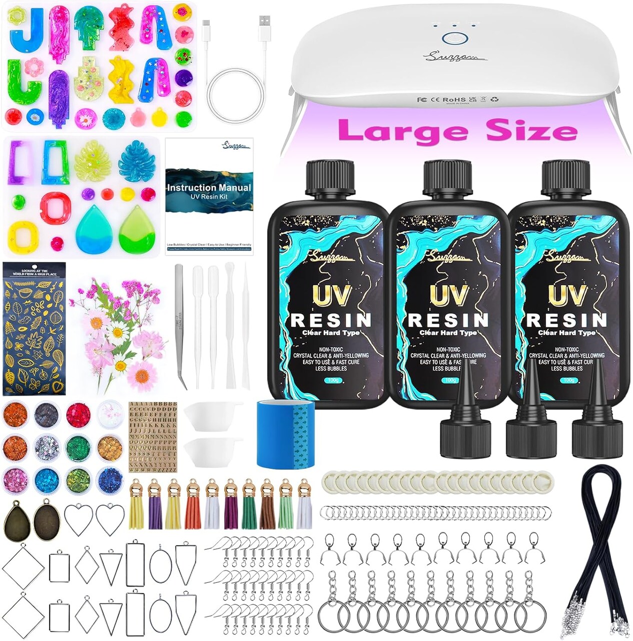 UV Resin Jewelry Making Kit, 300g Crystal Clear UV Resin Kit with Molds, 30w & 22 Lamp Beads UV Resin Light Large for Craft Making Earrings, Necklaces, Keychains
